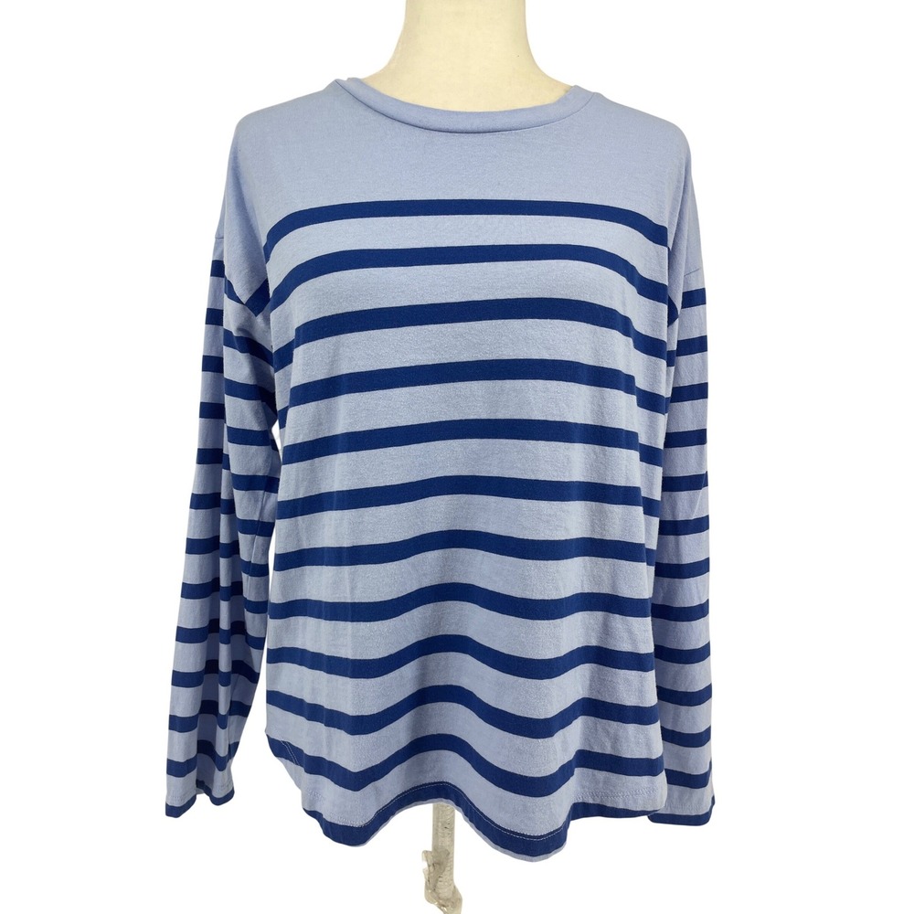 J.Crew Striped Long‎ Sleeve Tee Curved Hem Women M Blue Excellent Cotton BW849